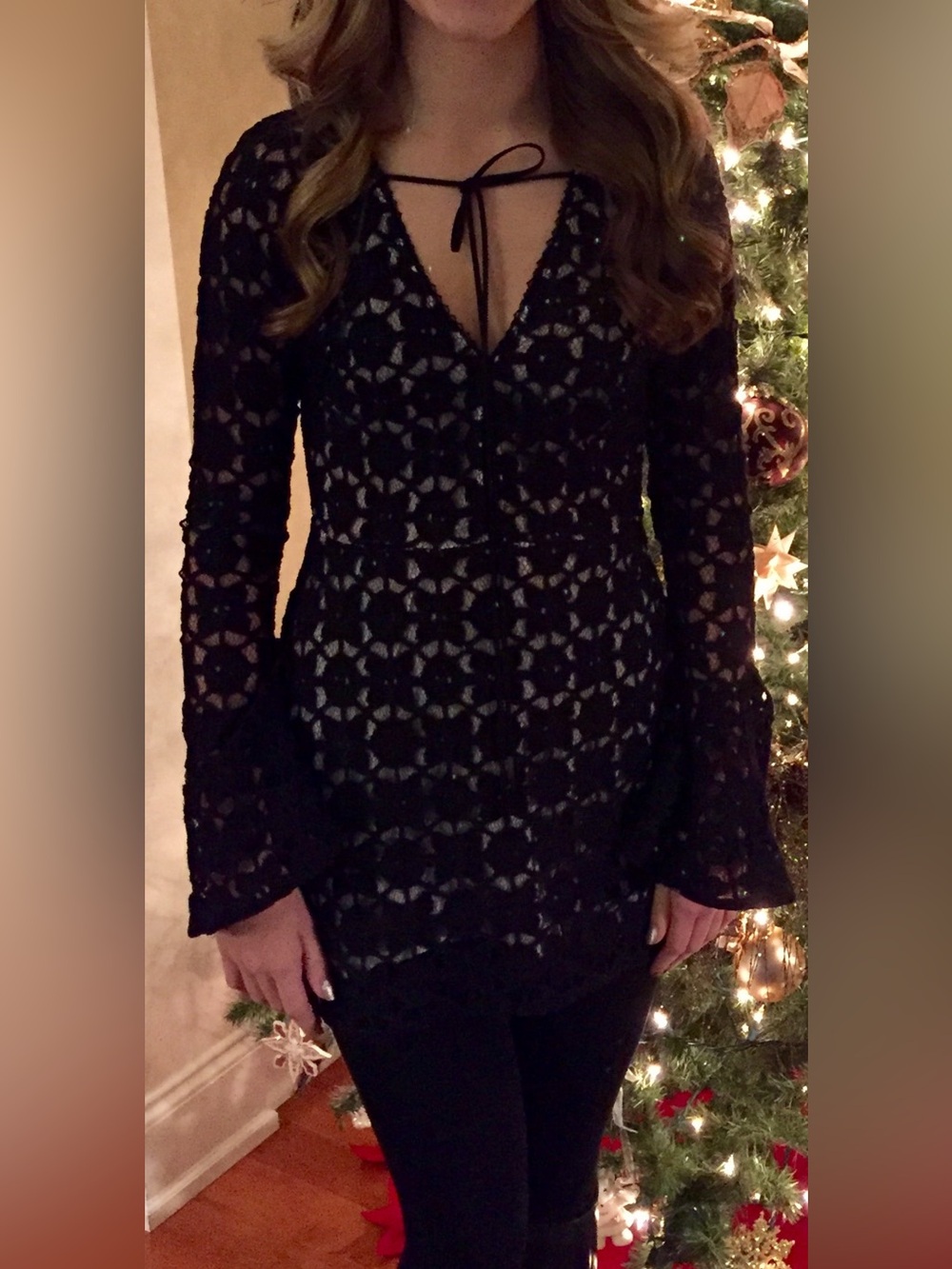 Free People black lace long sleeve mini dress